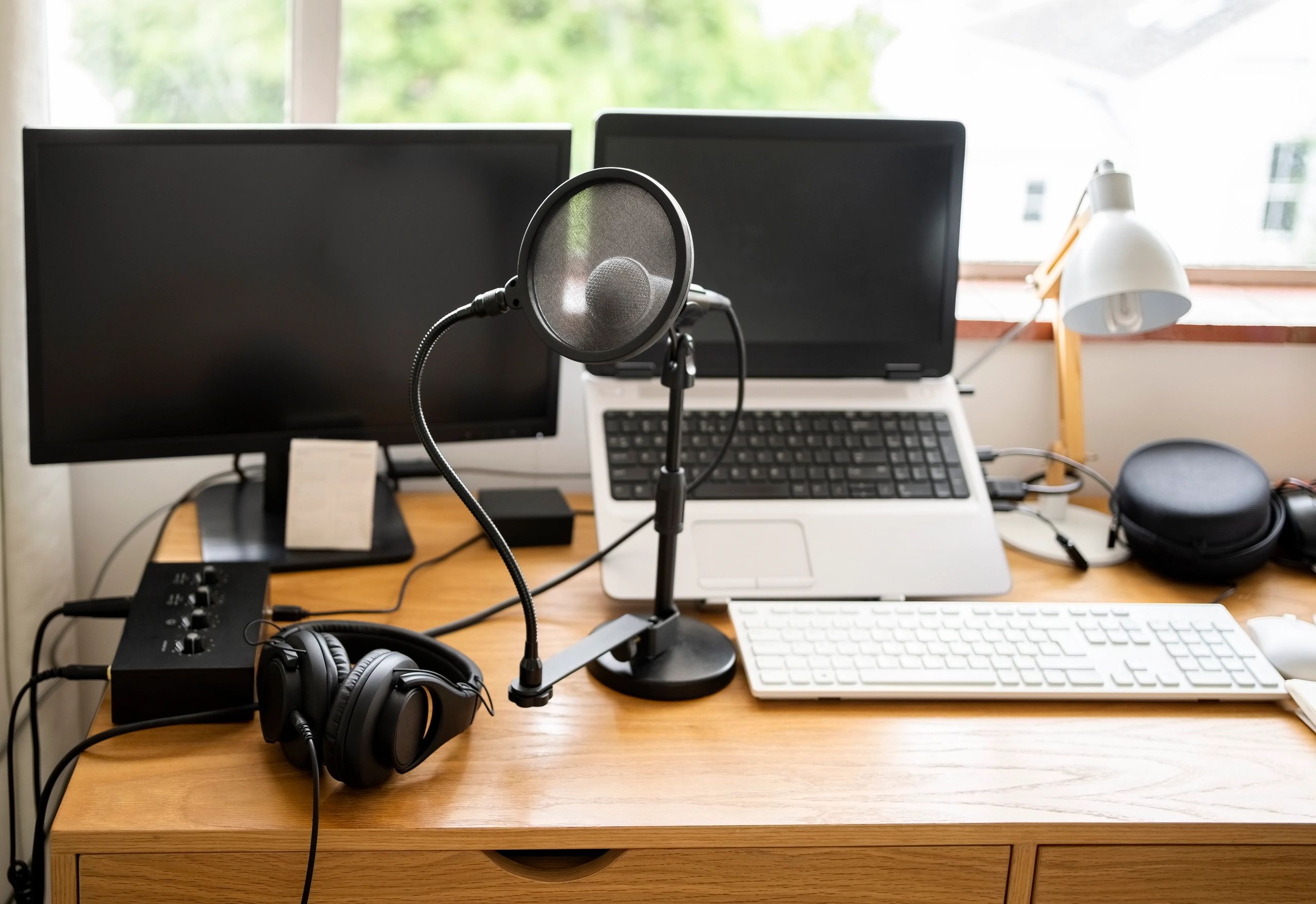 Music production studio with microphone and computers